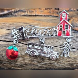 Danecraft #1 Teacher Brooch Silver Tone Articulated Charms Enamel EUC